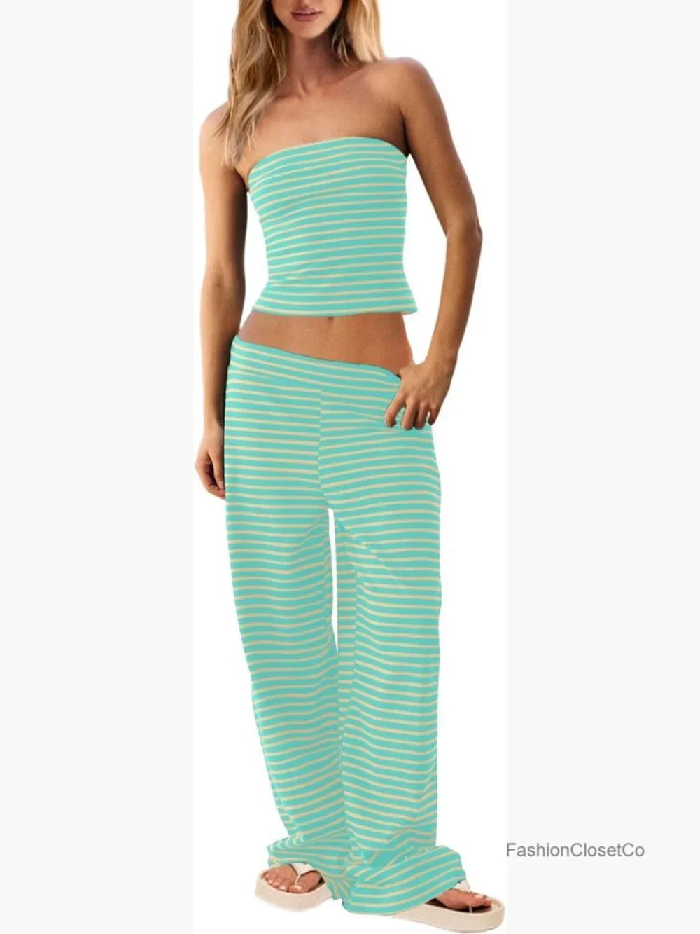 Two Piece Striped Lounge Set Strapless Tube Top and Wide Leg Pants Matching Set